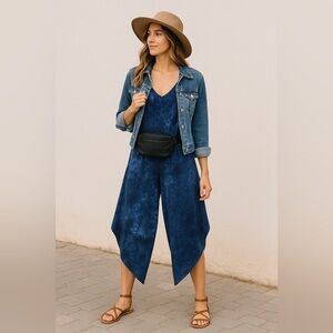 Tiana B Blue Tie Dye Asymmetrical Hem Jumpsuit Sz S Made in USA Stretch